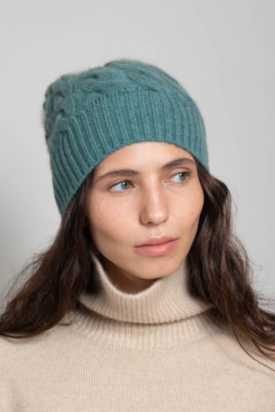 Кашемировая шапка сине-зелёная с помпоном 750-3BB-6