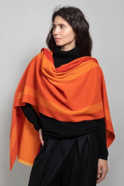 Палантин кашемировый оранжевый в полоску 154-5-31