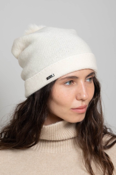 Шапка кашемир белая с помпоном 750-M-54