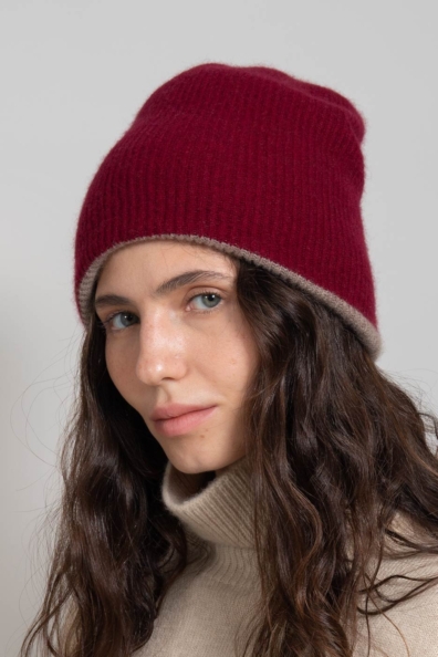 Шапка кашемир женская бордовая бежевая 750-4-45