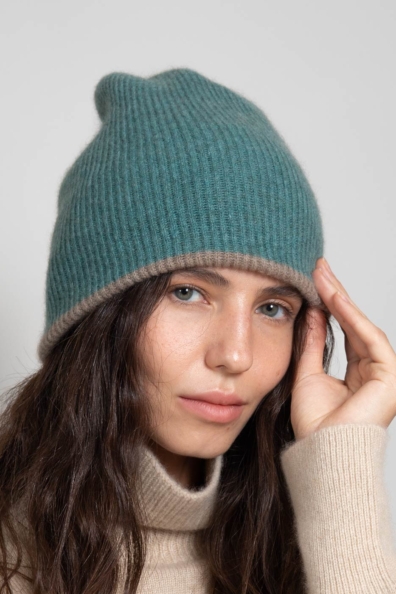 Шапка кашемир женская сине-зеленая двойная 750-4-46