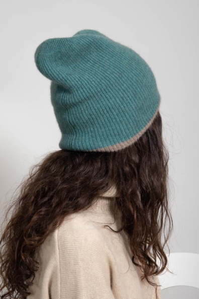 Шапка кашемир женская сине-зеленая двойная 750-4-46