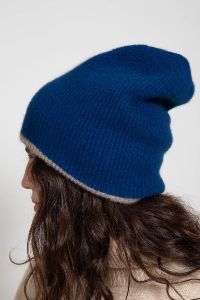 Шапка кашемировая женская бежево-синяя двухсторонняя 750-4-47