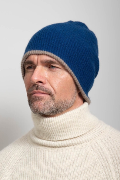 Шапка мужская кашемир бежево-синяя двухсторонняя 750-4-47M