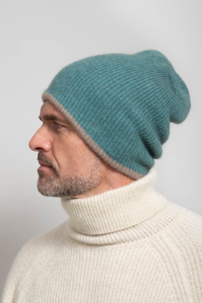 Шапка мужская кашемир сине-зеленая двойная 750-4-46M