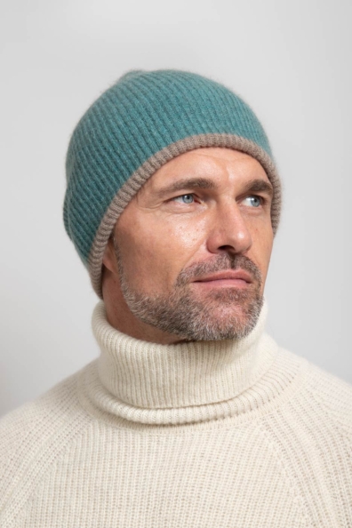 Шапка мужская кашемир сине-зеленая двойная 750-4-46M