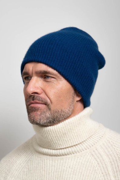 Шапка мужская кашемир синяя двойная 750-4-49M
