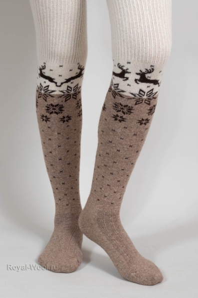 Гольфы шерстяные высокие бежевые с оленями 099-5-9
