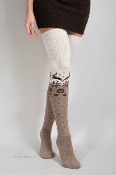 Гольфы шерстяные высокие бежевые с оленями 099-5-9