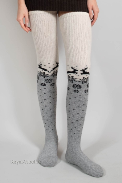 Гольфы шерстяные высокие серые с оленями 099-5-8