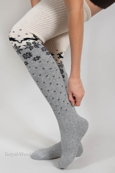 Гольфы шерстяные высокие серые с оленями 099-5-8