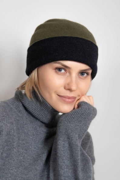 Шапка кашемир двухсторонняя хаки-серая 750-4-57