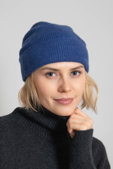 Шапка кашемир голубая легкая с отворотом 750-E-blue-1