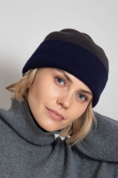 Шапка кашемир женская двойная синяя/серая 750-4-56