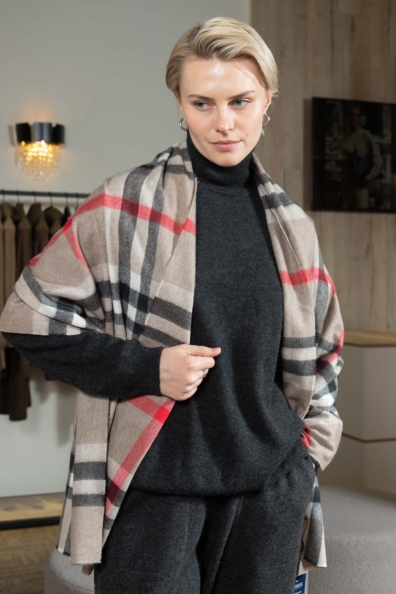 Палантин кашемировый бежевый в клетку 154-5-33