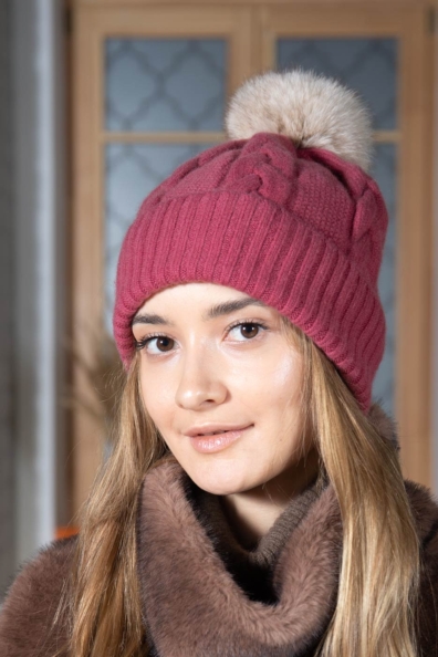 Кашемировая шапка розово-лиловая с помпоном 750-3-ED