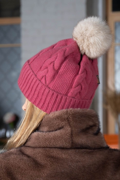 Кашемировая шапка розово-лиловая с помпоном 750-3-ED