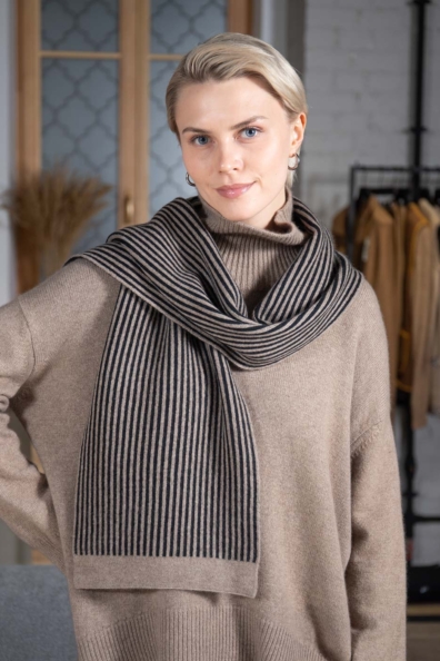 Шарф кашемировый бежевый в черную полоску 760-M-6