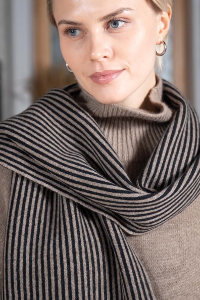Шарф кашемировый бежевый в черную полоску 760-M-6