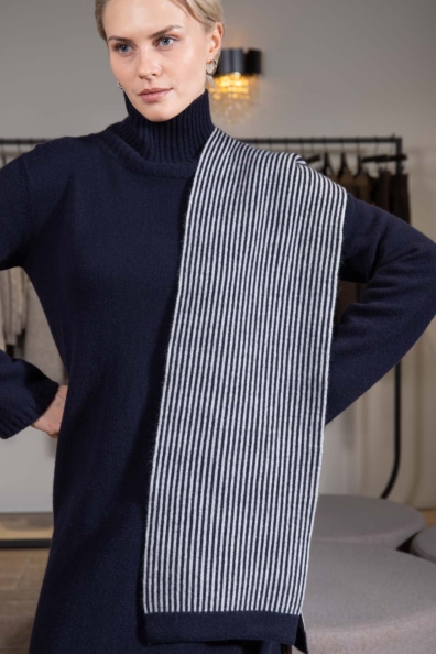 Шарф кашемировый синий в полоску 760-M-5